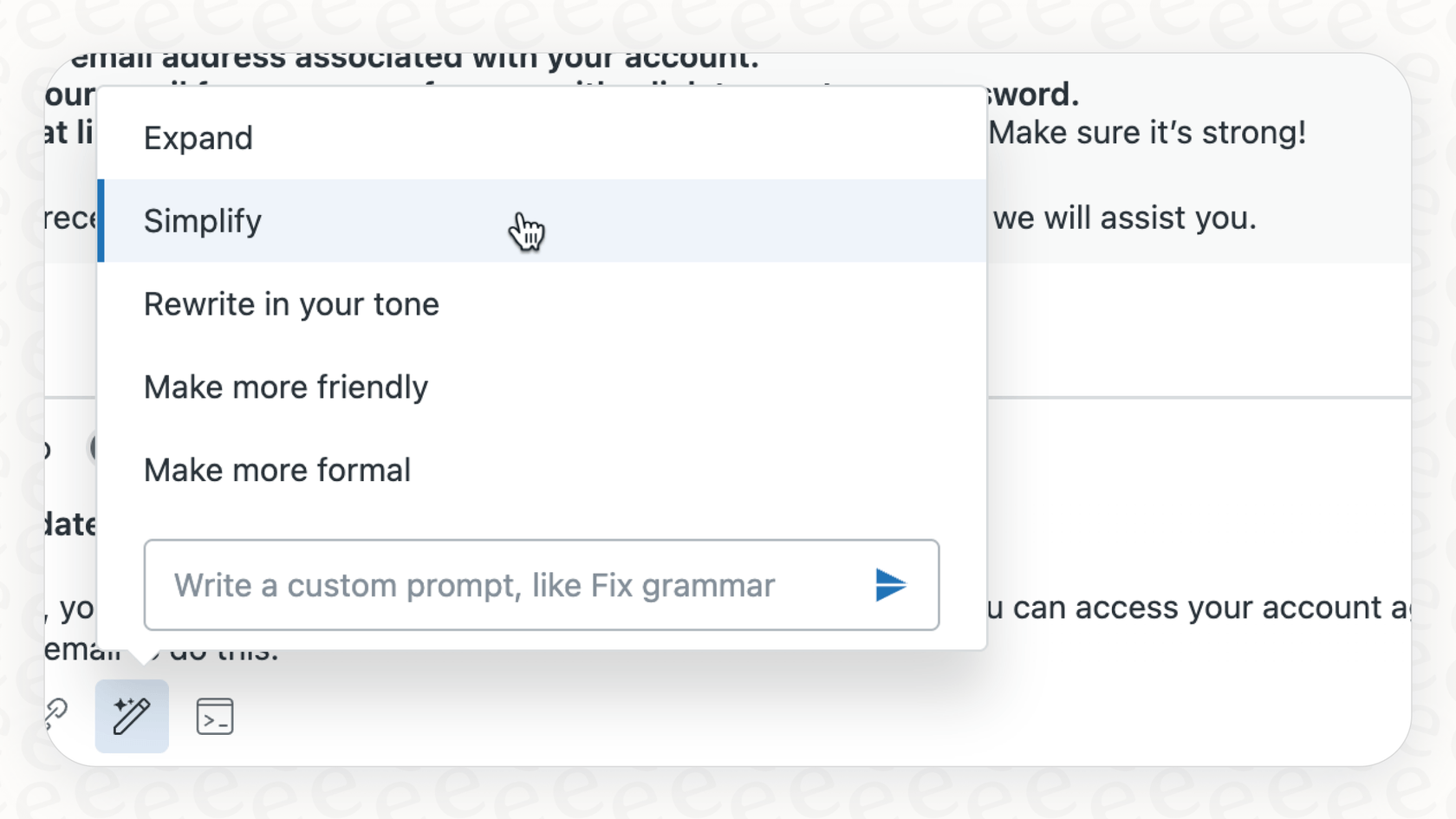 Screenshot of Zendesk's enhance content toolkit, highlighting the simplify option.