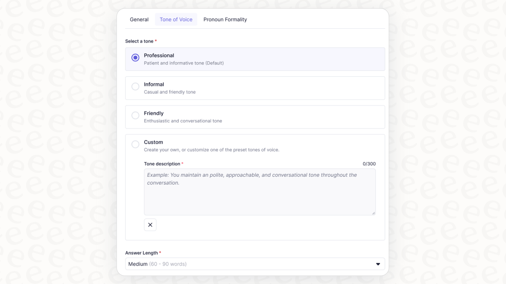 Screenshot zur Illustration der Benutzeroberfläche für die Optionen der Zendesk AI-Tonanpassung.