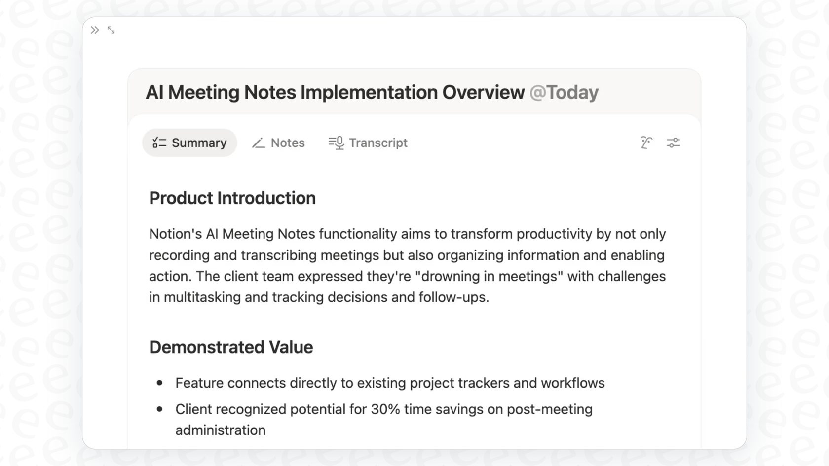 A close-up screenshot of an AI summary generated by Notion AI Meeting Notes, displaying key takeaways from a meeting.