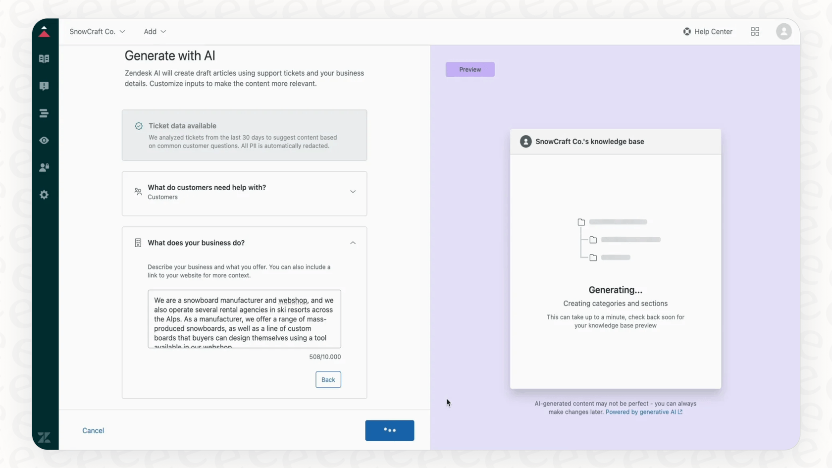 Screenshot der Verwendung von KI zur Erstellung von Help-Center-Inhalten