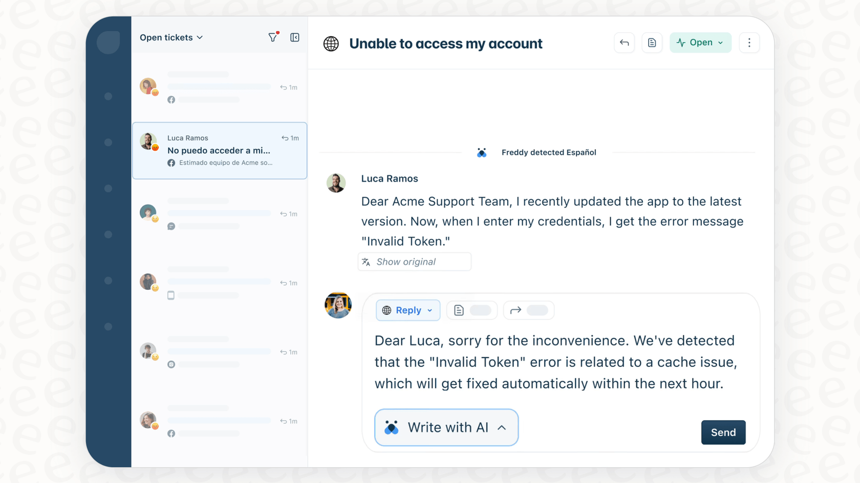 The user interface of Freddy AI on Messenger, showcasing its main features for customer support automation.::