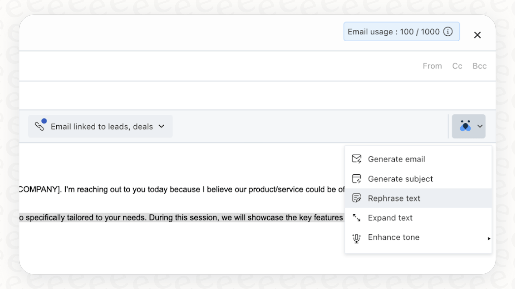 A screenshot of the Freddy AI writing assistant