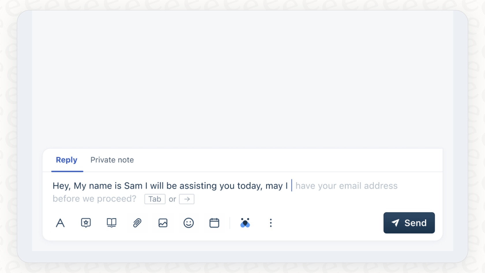 A support agent using the Freddy AI auto complete feature to respond to a customer query faster.