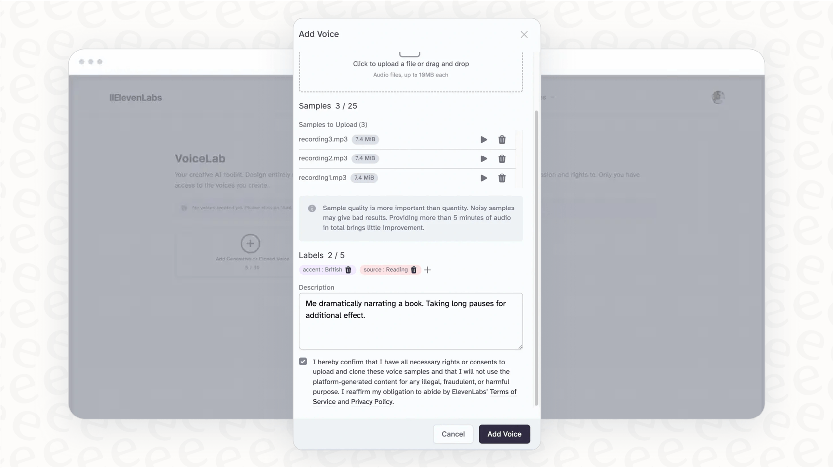 Screenshot showing ElevenLabs’ VoiceLab interface where users upload audio recordings, label accents and tone, and describe the voice to clone for AI generation.