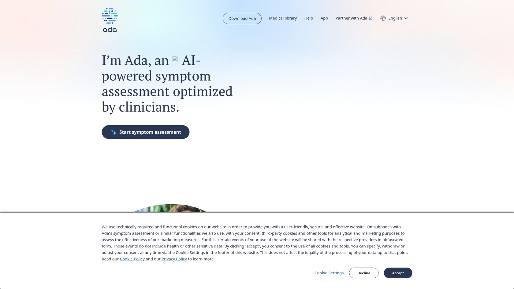A screenshot of the Ada landing page, showcasing one of the top Zendesk AI bots for enterprise teams.::