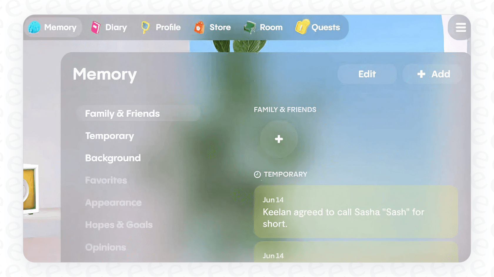 A view of the Memory bank in the Replika AI app, demonstrating how it stores personal details from conversations.