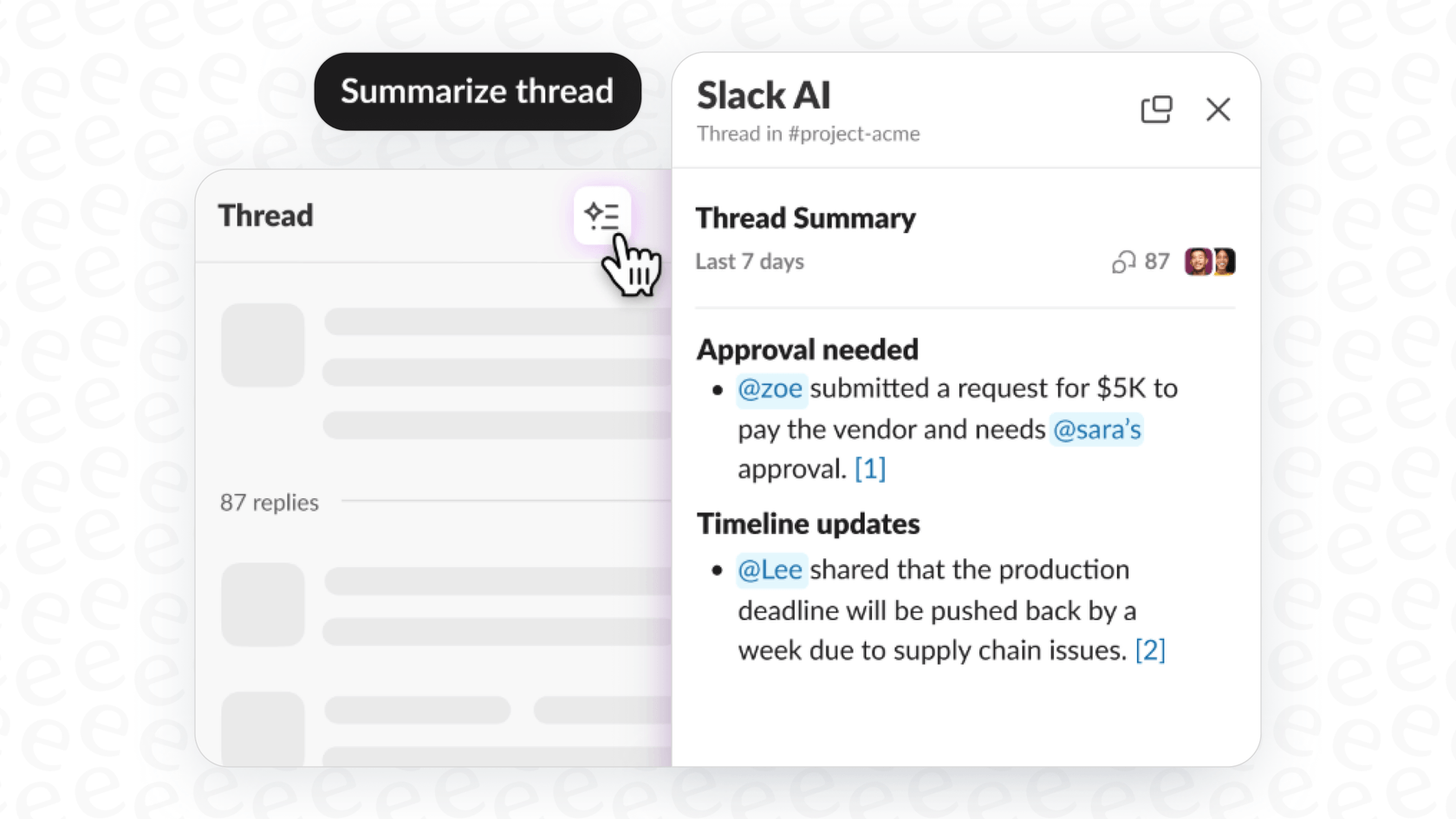 A user right-clicks a Slack thread and selects the "summarize thread" option, with Slack AI Search Answers generating a brief summary.