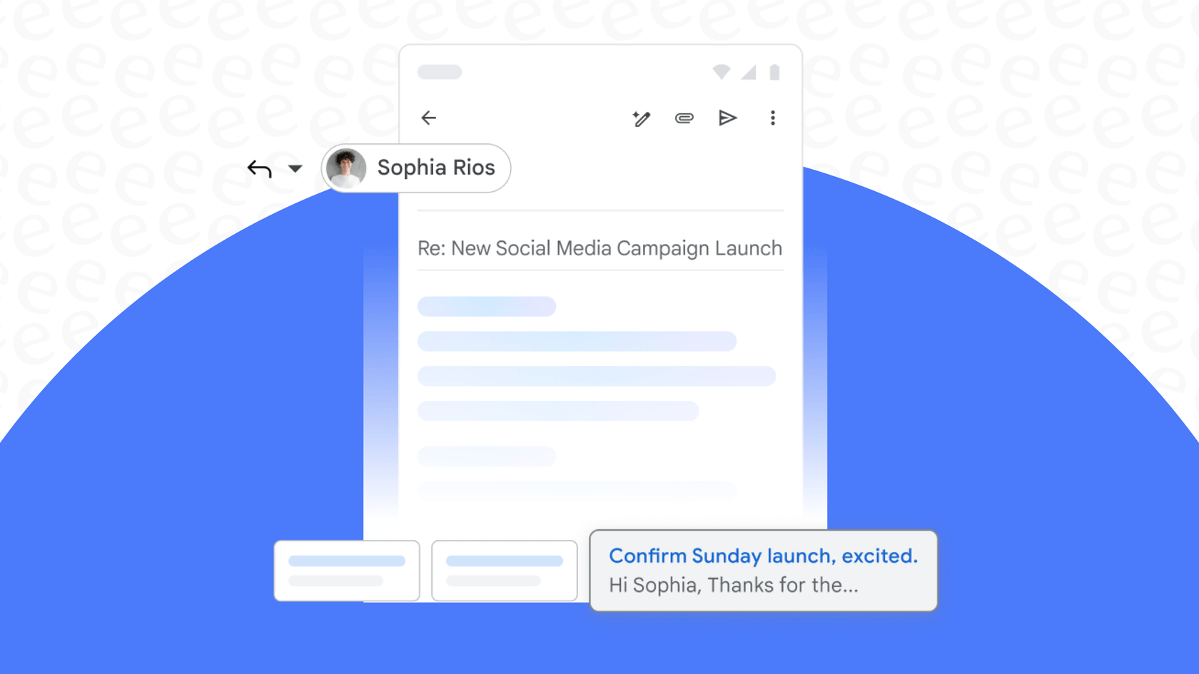 A screenshot showing three email drafts generated by the Gmail Contextual Smart Reply feature.