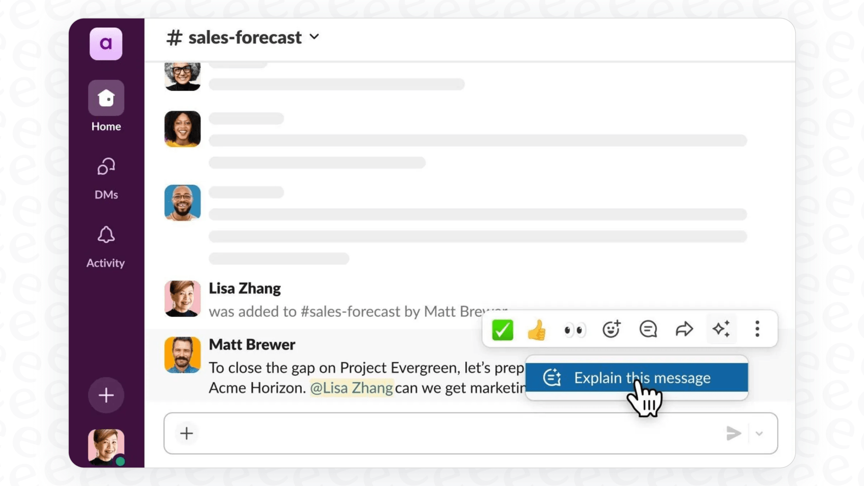 Screenshot demonstrating the use of Slack AI Message Explanations on a project codename within a Slack channel.