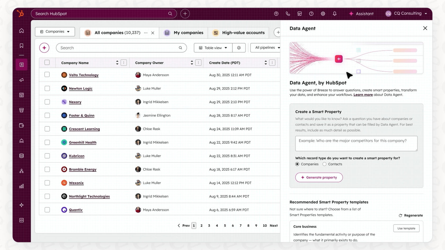 A screenshot demonstrating how Breeze Intelligence with Data Agent automatically adds company details to a HubSpot contact record.