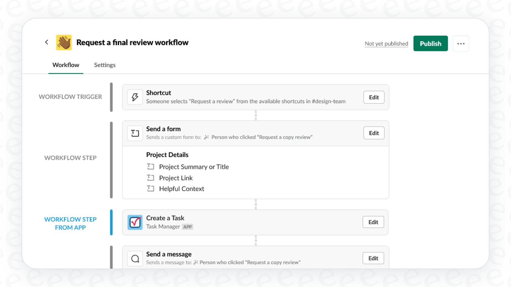 An illustration of the various steps and triggers available in the Slack AI Workflow Builder.