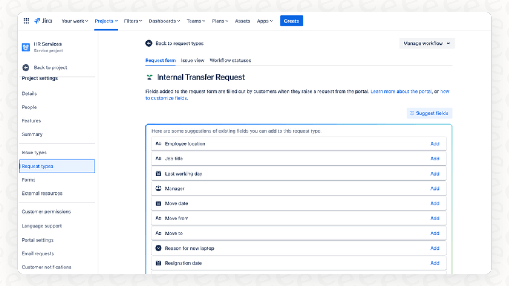 The "Suggest fields" feature of Atlassian Intelligence Suggest Request Types recommending fields like "Department" and "Required Software" for a form.