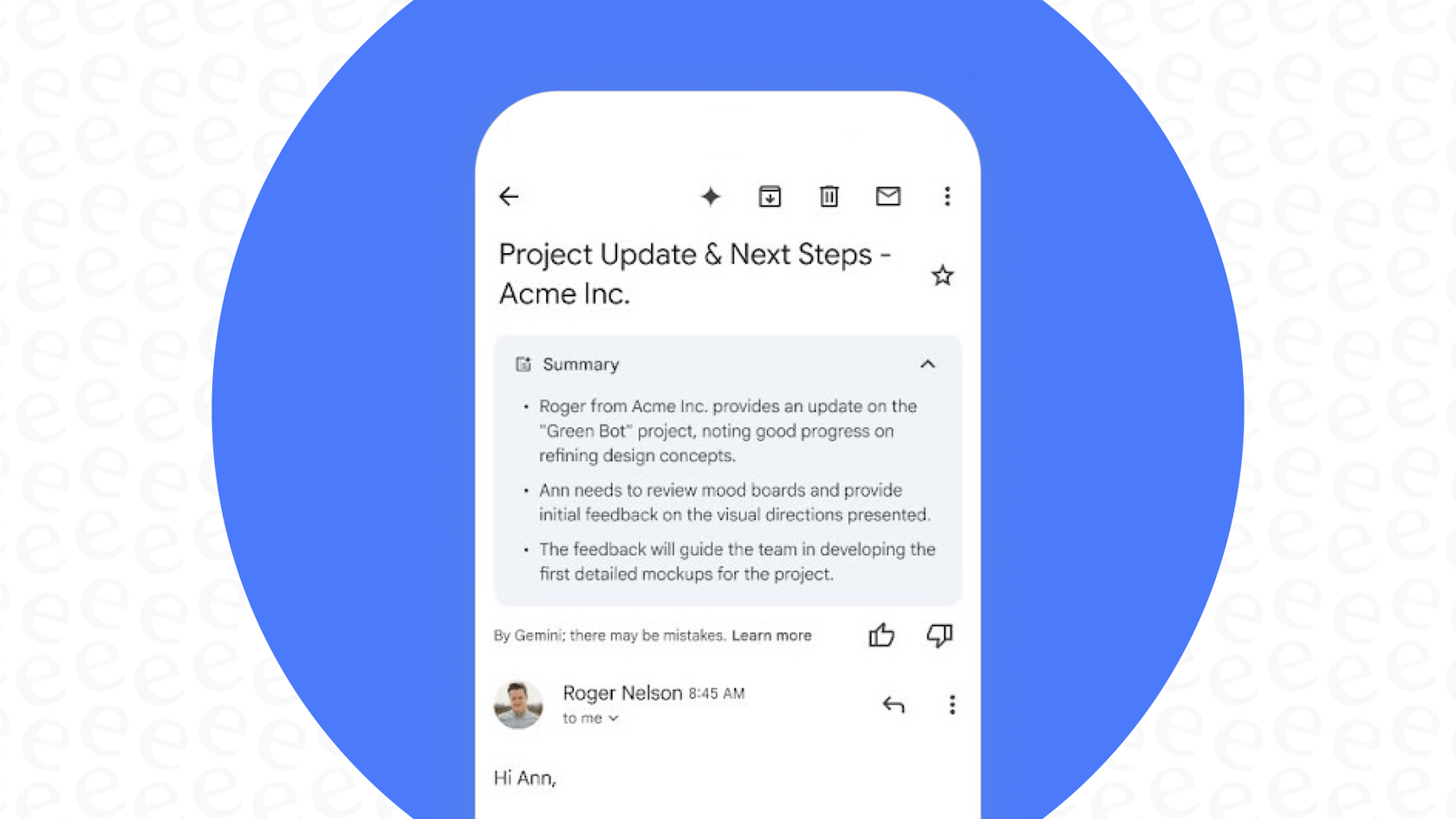 Email summarization feature in Gmail AI on Mobile and Web, powered by Gemini, condenses long email threads.