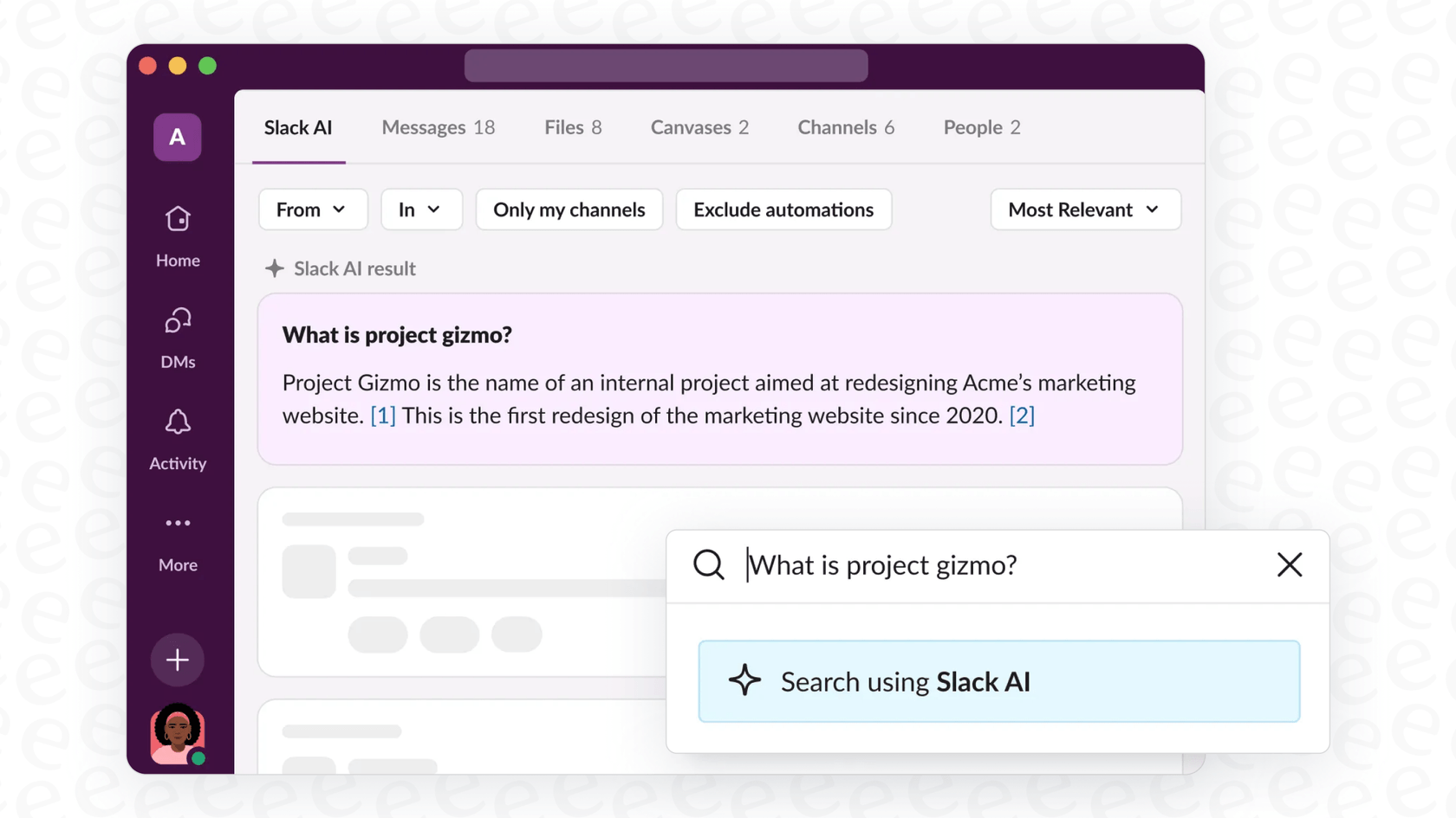 A user asks a question in the Slack search bar and Slack AI Search Answers provides a concise answer with source links.