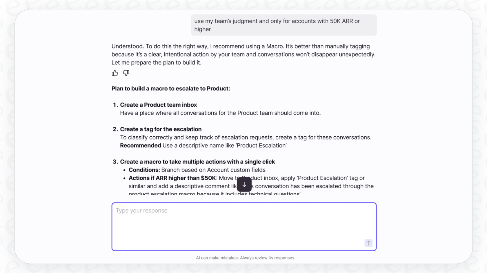 A screenshot of the Front AI Admin Copilot, an AI assistant for setting up workflows.