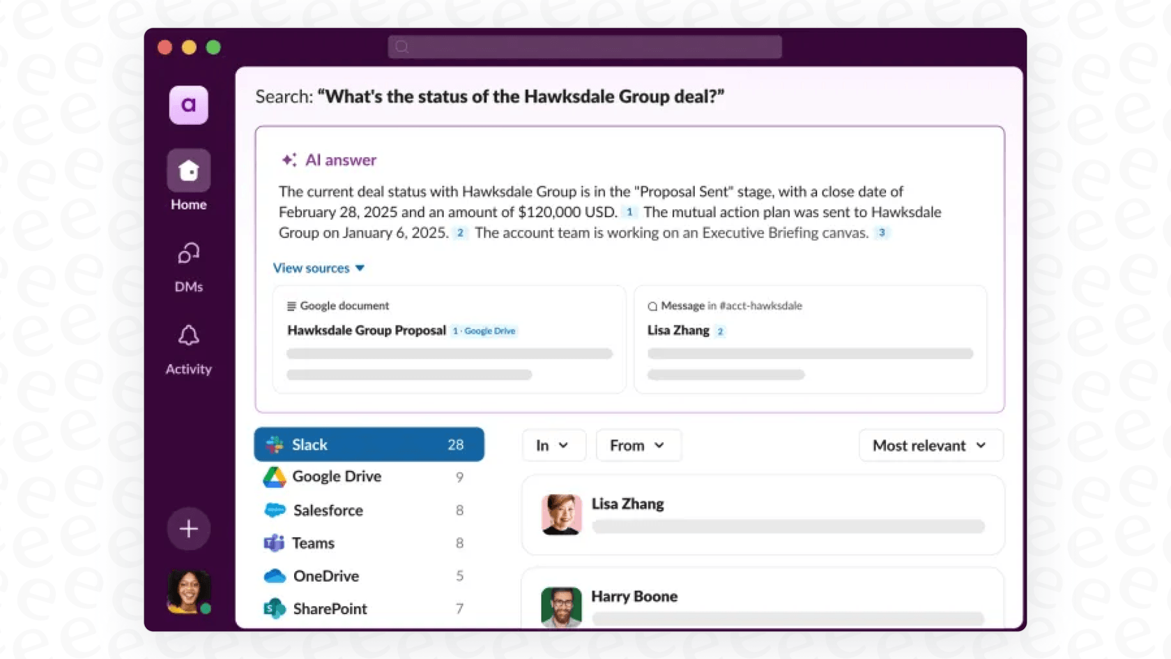 An example of Slack AI Enterprise Search in action, showing how it finds information across multiple company apps.
