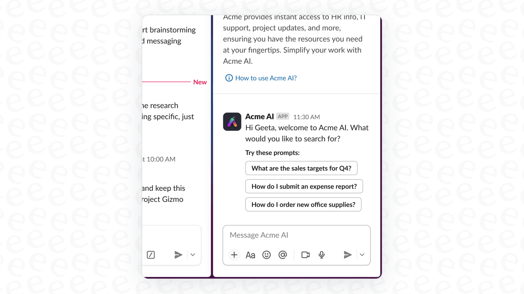 A user interacting with a bot that displays Slack AI Suggested Prompts to guide the conversation.