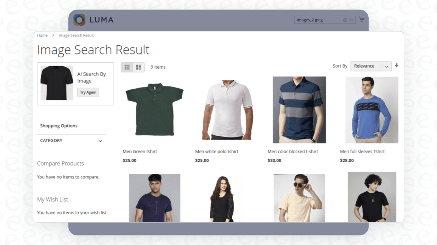 A screenshot of the Magento AI Image Search feature, which demonstrates how Magento AI Intelligent Faceting can handle complex search queries.