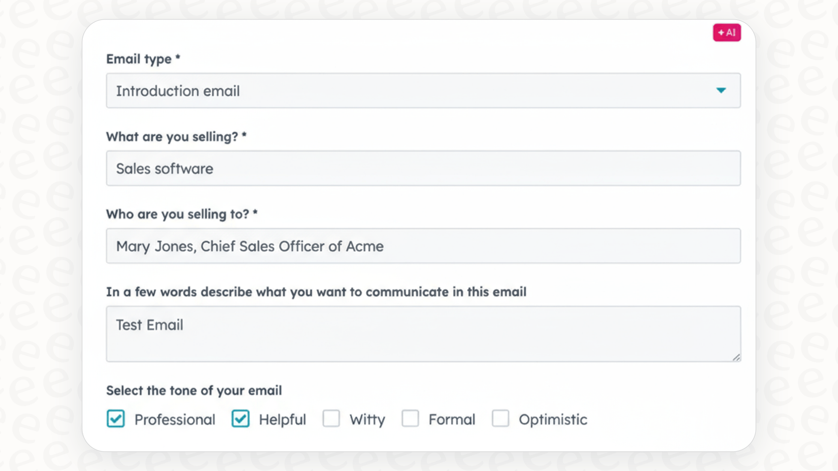 Ein Screenshot, der zeigt, wie der Breeze Copilot verwendet werden kann, um eine personalisierte Vertriebs-E-Mail innerhalb von HubSpot zu generieren.
