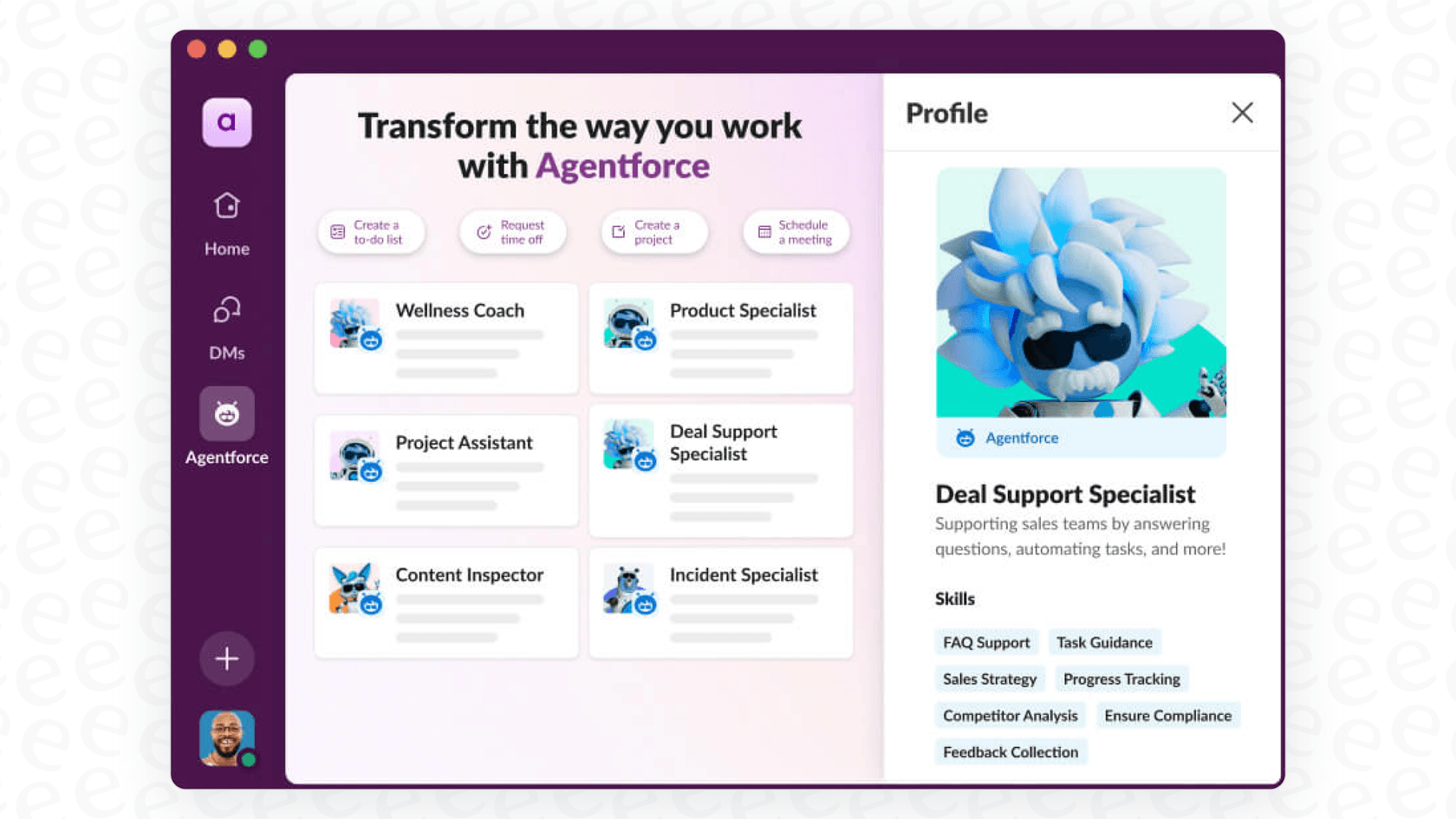 Screenshot of choosing an AI agent from Agentforce in Slack.