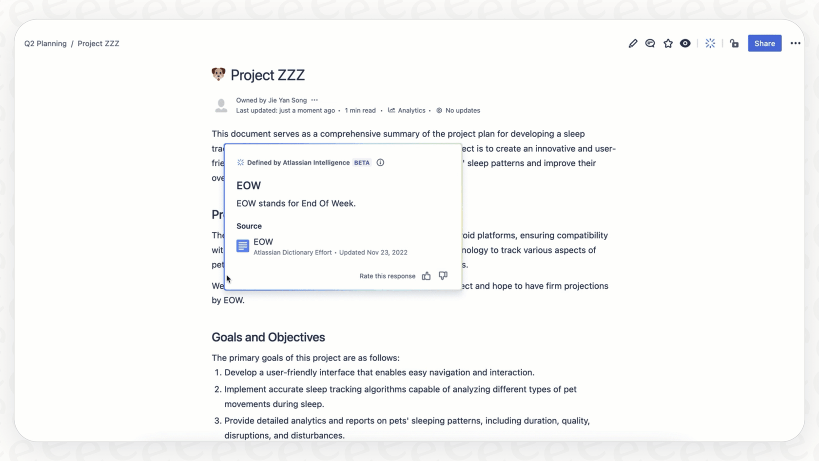 Captura de ecrã a mostrar a funcionalidade "Definições" da Pesquisa de P&R do Atlassian Intelligence a explicar o jargão específico da empresa.