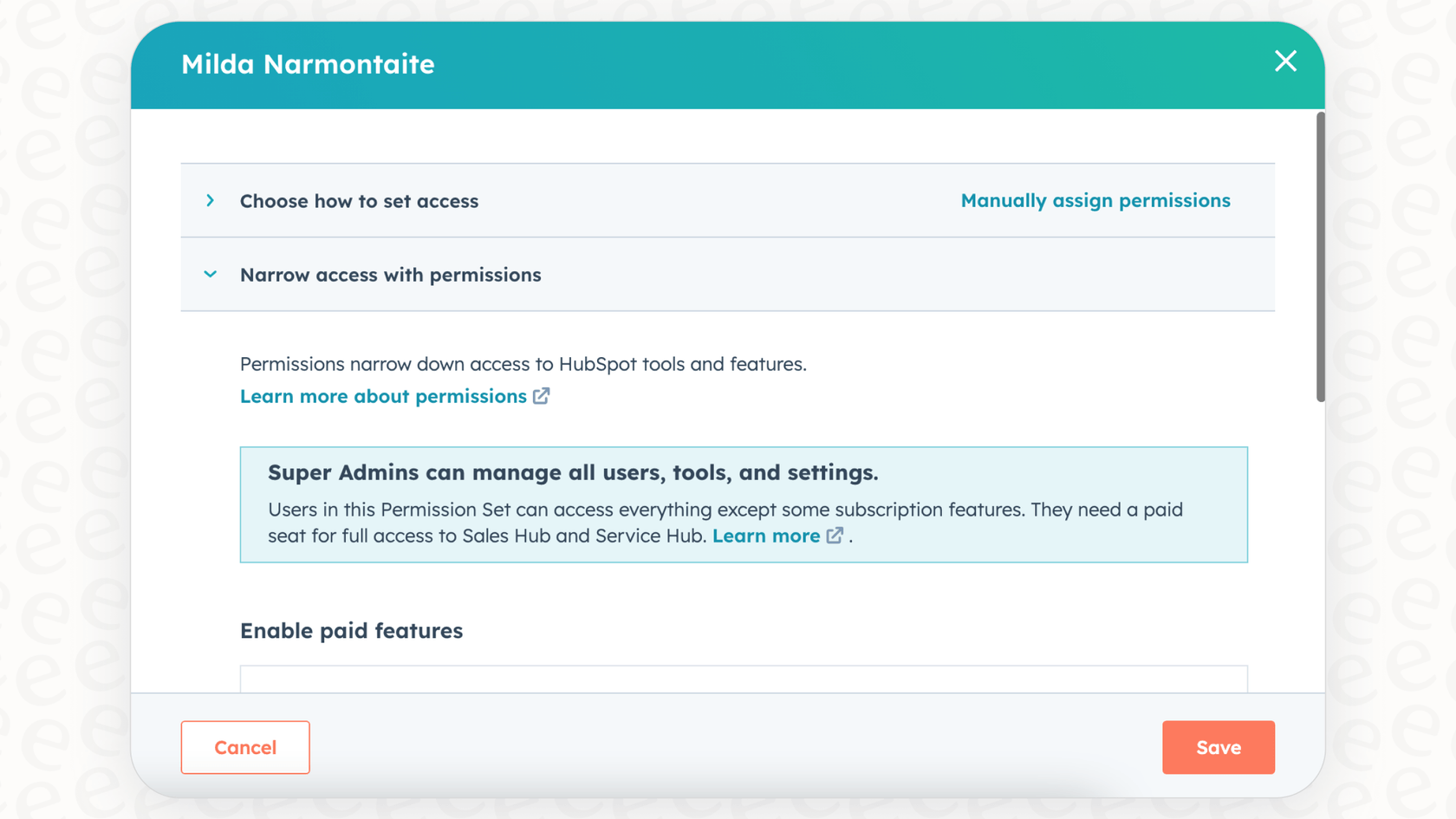 Screenshot of Super Admin settings in HubSpot.
