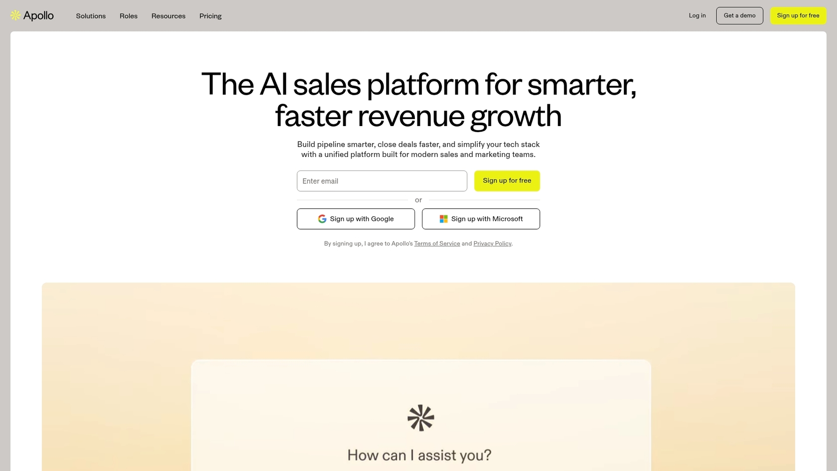 Una captura de pantalla de la página de inicio de Apollo.io, una opción principal al considerar cuáles son las herramientas de asistente de ventas con IA mejor valoradas para la prospección.