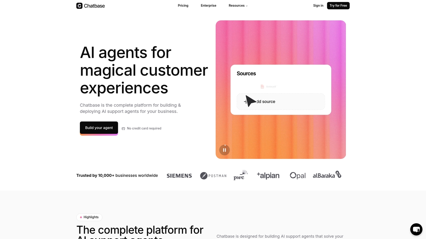 A view of the Chatbase landing page, a tool often considered for a Chatbase GitHub setup.