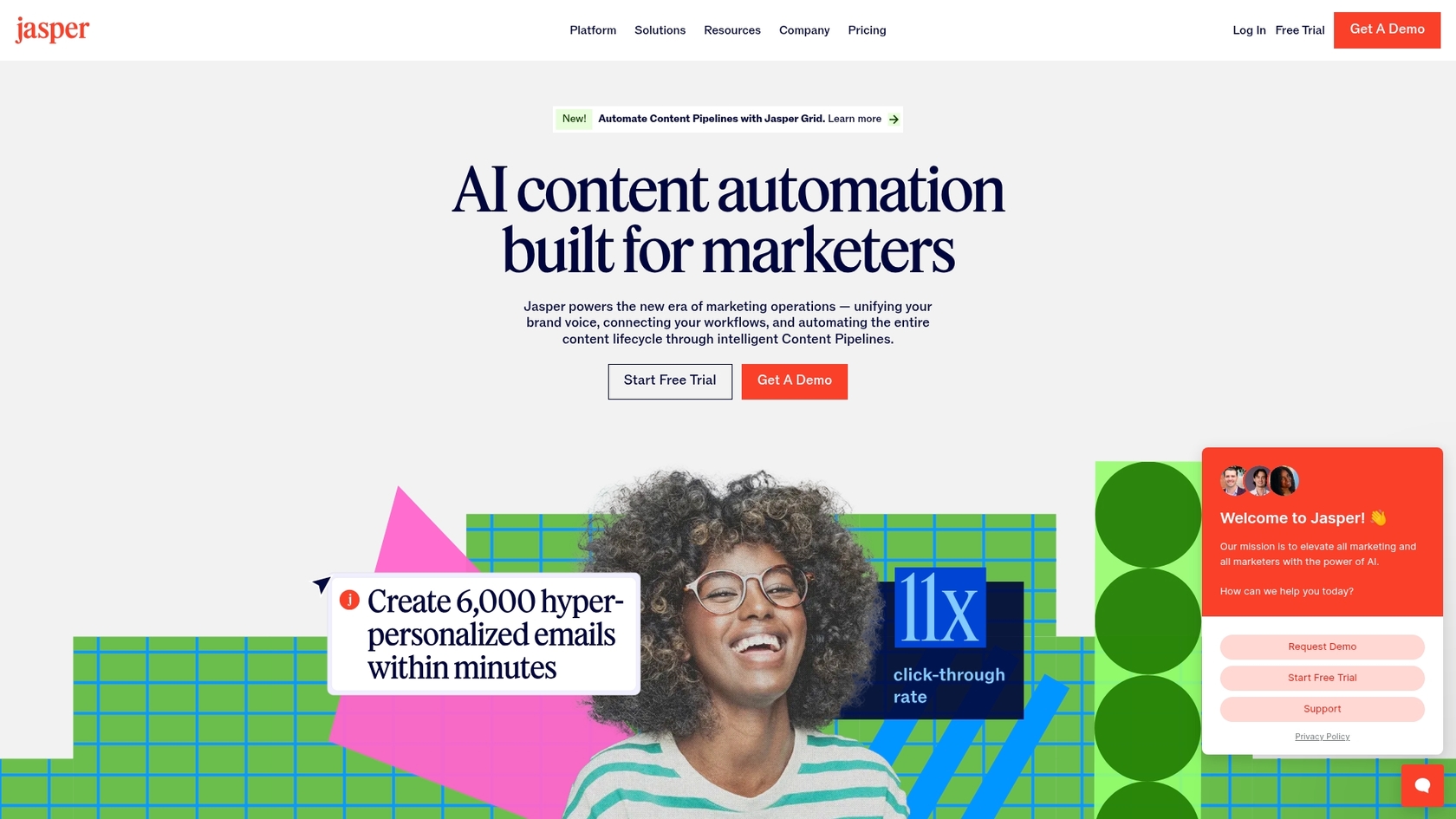 A screenshot of the Jasper landing page, another popular AI blog writer.