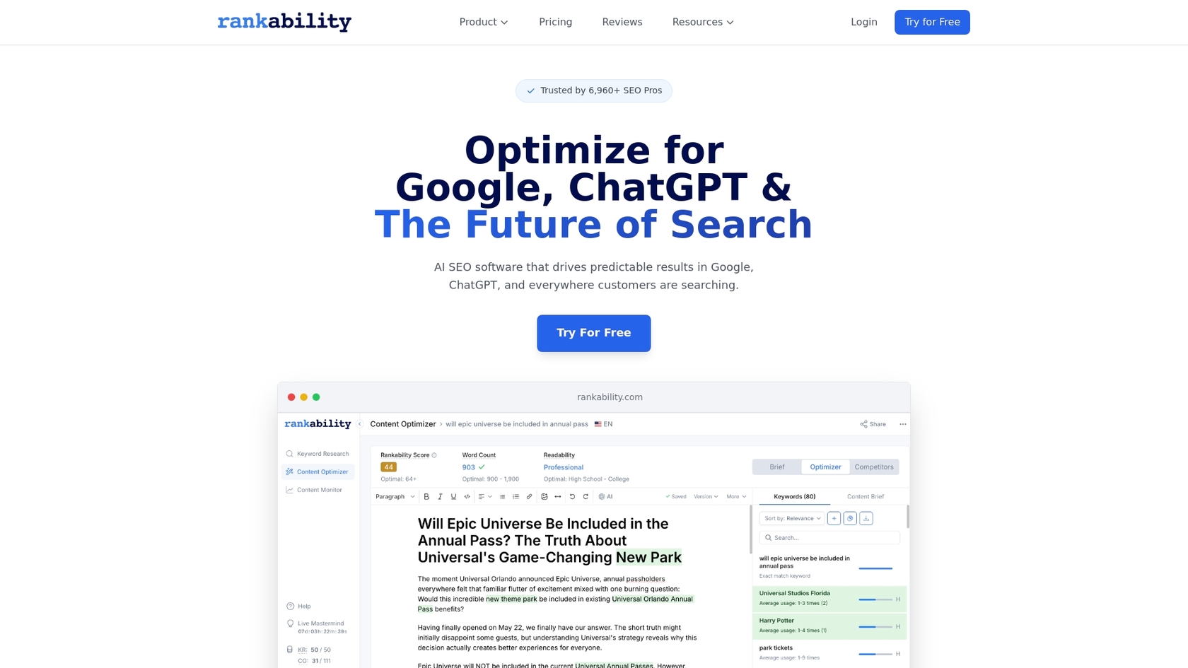 A screenshot of the Rank Prompt landing page, one of the top AI content tools for SEO tested.