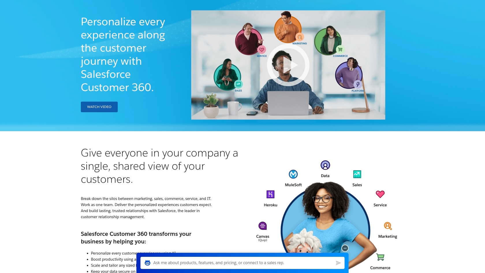 An overview of the Salesforce customer service platform landing page.::