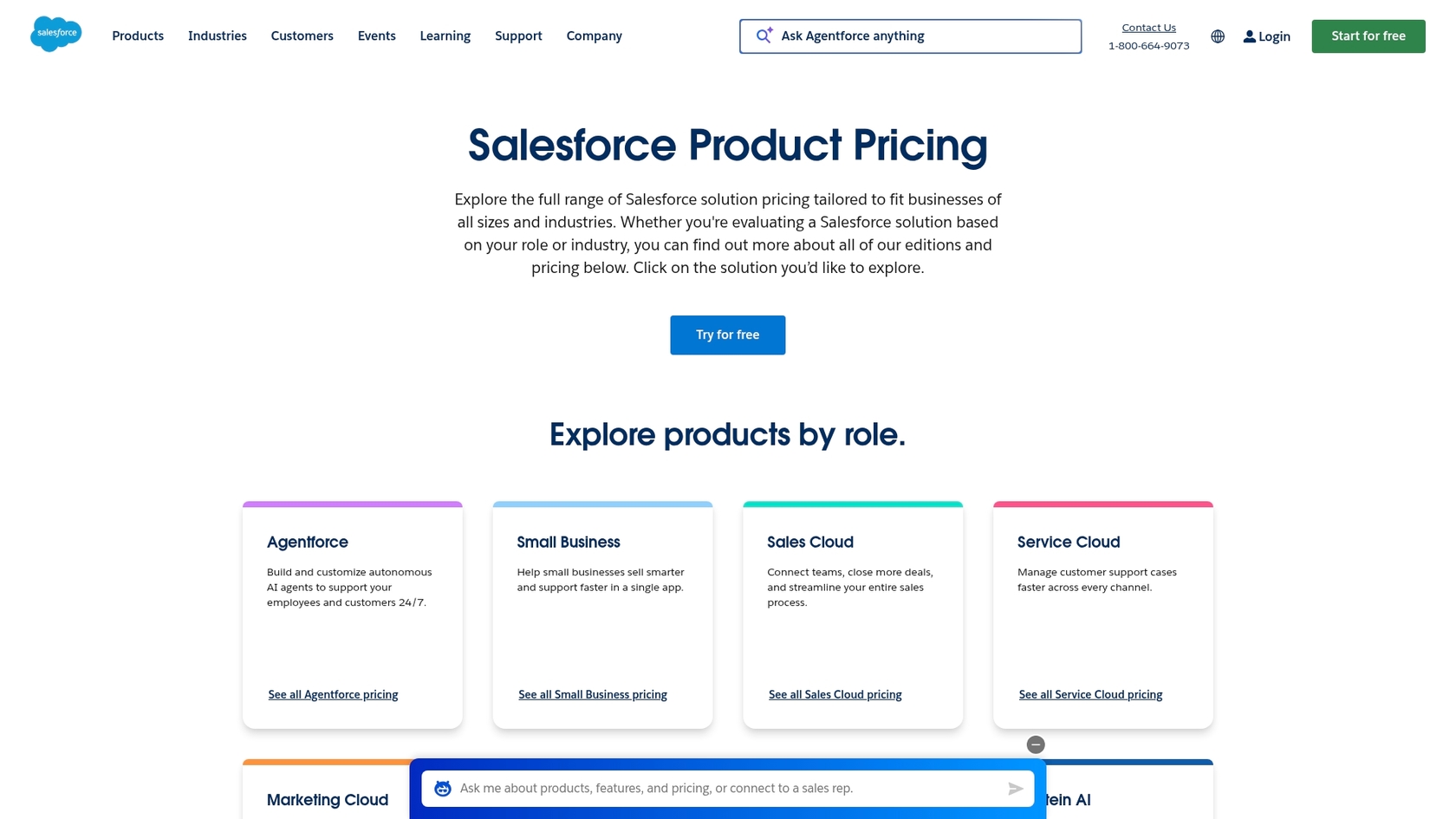 Una captura de pantalla de la página de precios de Salesforce, que es importante entender al actualizar tu chatbot de Salesforce con inteligencia artificial.
