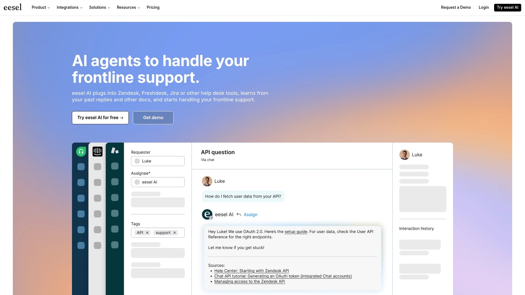 Capture d'écran de la page produit de l'Agent IA d'eesel AI, soulignant la facilité d'automatisation de la gestion des tickets.::
