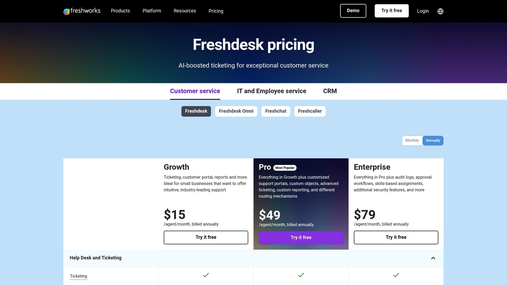 Ein Screenshot der Freshdesk-Preisseite, einer günstigeren Alternative zu ServiceNow.::