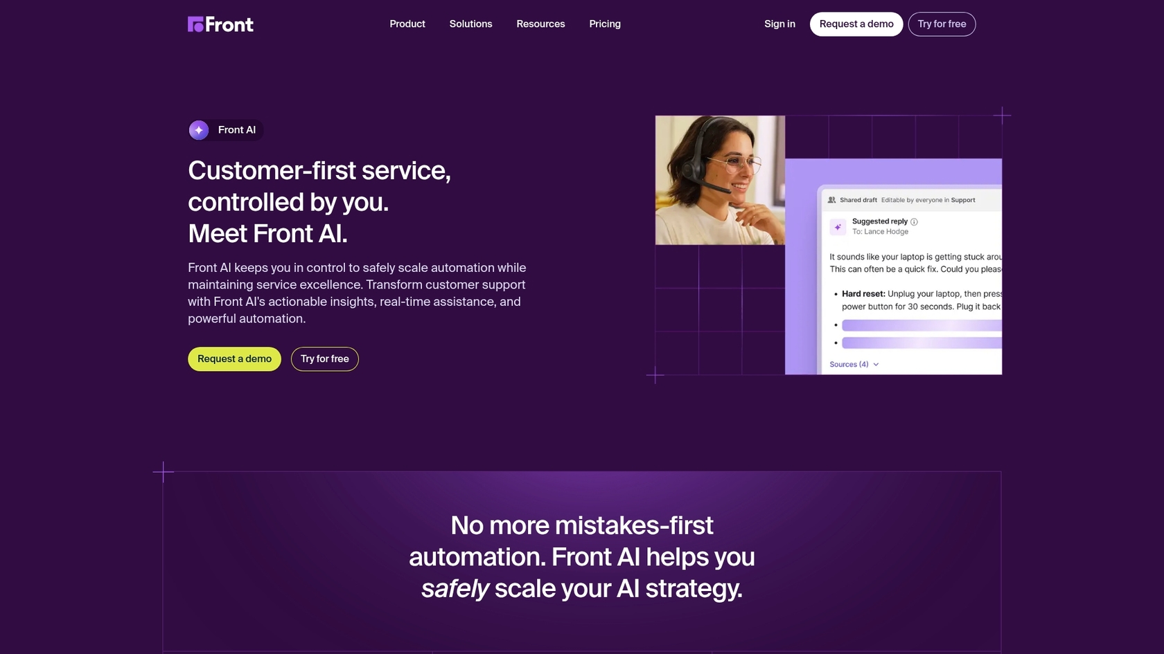 A screenshot of the Front Design AI product page, highlighting its main features for customer support.