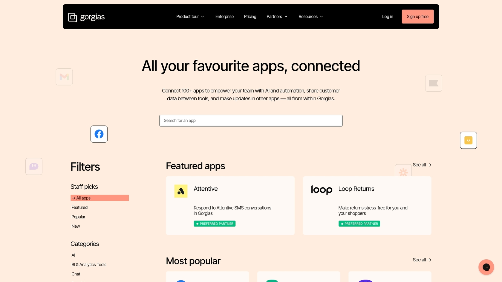 Captura de pantalla del mercado de aplicaciones de Gorgias, que muestra cómo Gorgias utiliza varios agentes de IA e integraciones para mejorar el servicio al cliente.