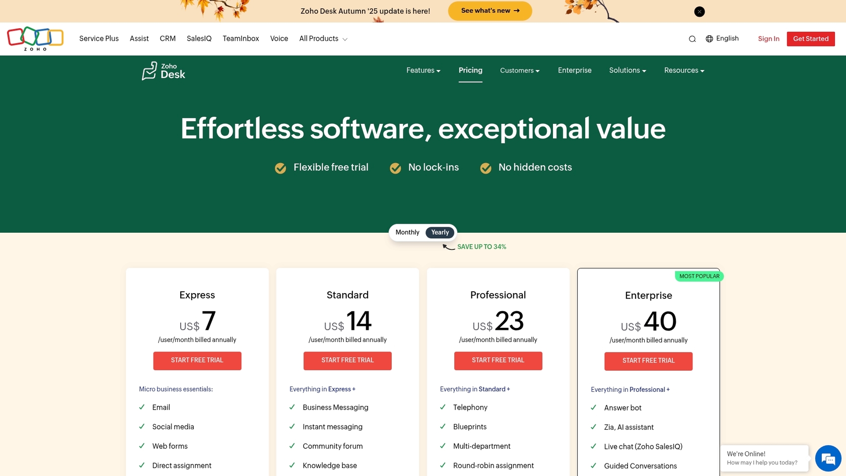 A screenshot showing the pricing for Zoho Desk Generative AI features across Standard, Professional, and Enterprise plans.