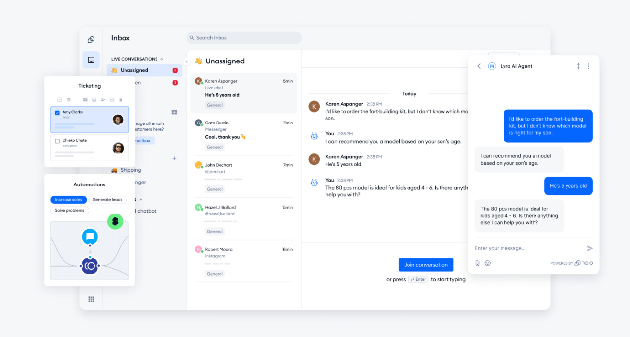 Captura de tela da plataforma Tidio mostrando a interface do agente de IA Lyro para conversas automatizadas com clientes.