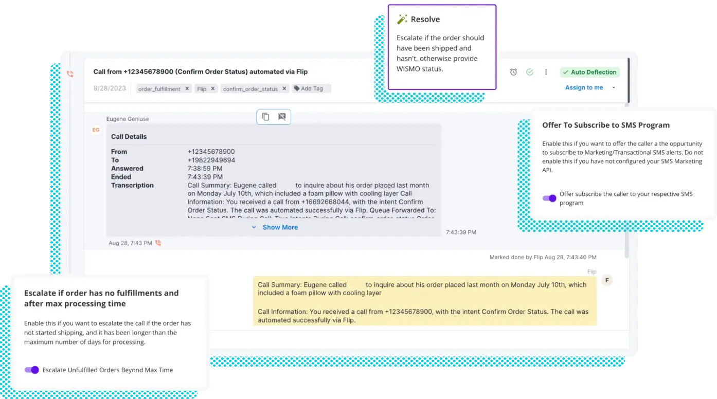 Vista de la línea de tiempo de Kustomer con detalles del pedido del cliente e historial de conversaciones