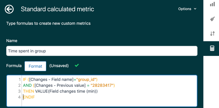 The custom metric builder interface, showing a formula to calculate 'Time spent in group' based on field changes, specifically using 'Field changes time (min)'.