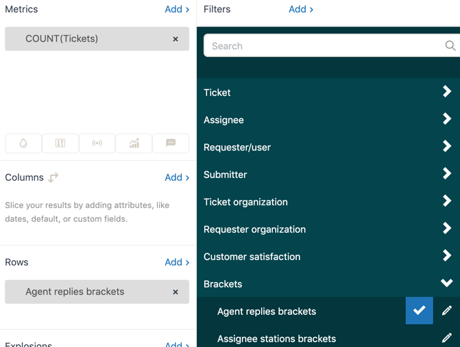 Zendesk Explore report builder interface with Metrics panel and available attributes for filtering.