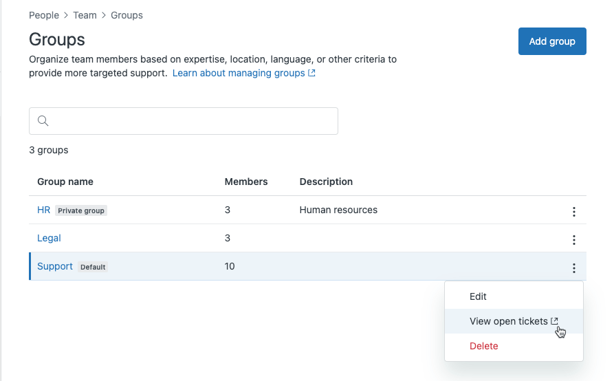 デフォルトのラベルが付いたグループのリストを表示するZendeskグループ管理ページ