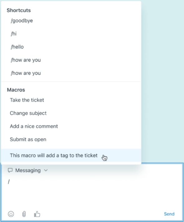 A messaging interface displaying a macro selection dropdown, offering various macro options like 'Take the ticket' and 'Change subject'.