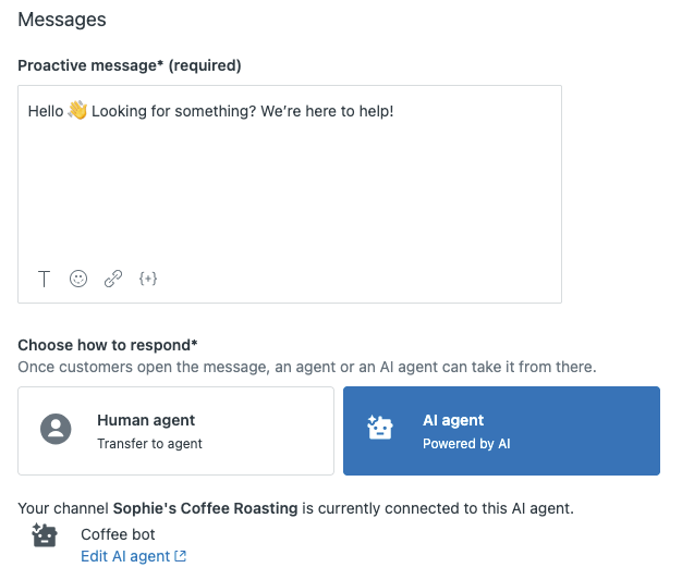 Formular zur Erstellung proaktiver Nachrichten mit Optionen für menschliche oder KI-Agentenantworten