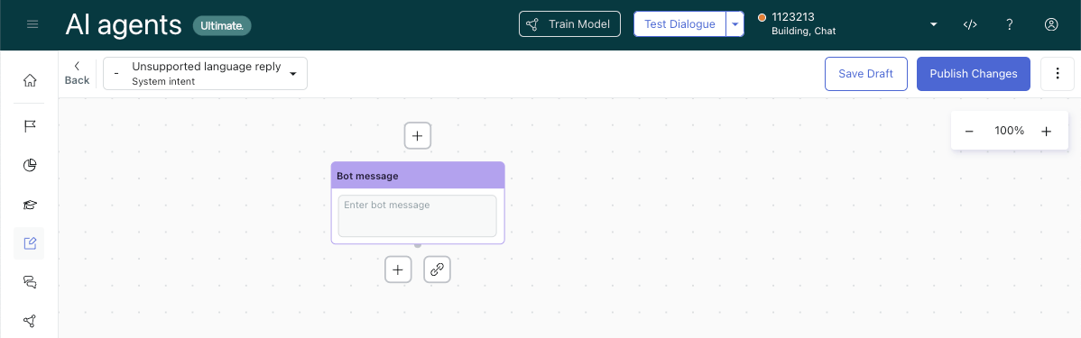 The AI agents dialogue builder interface, displaying a conversational flow with a bot message block and options to add further dialogue steps