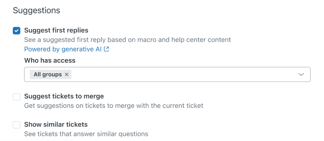 Admin Center-Oberfläche, die den Schalter "Erste Antworten vorschlagen" und die Gruppeneinstellungen "Wer hat Zugriff" anzeigt.