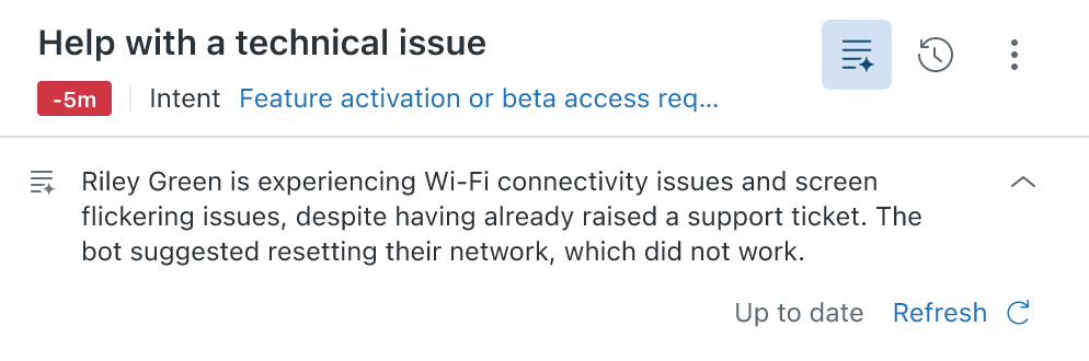Zendesk Agent Workspace mit KI-generiertem Ticket-Zusammenfassungsbanner, das die Gesprächszusammenfassung anzeigt