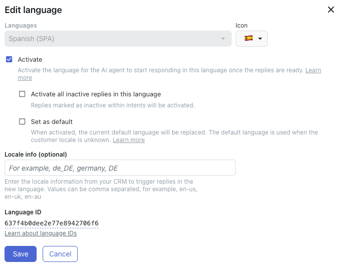Interfaz de gestión de idiomas del agente de IA para activar idiomas y configurar ajustes de configuración regional