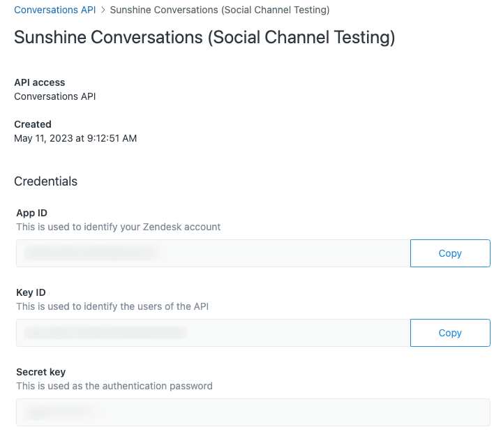 The Zendesk Sunshine Conversations API settings page displaying API credentials, including App ID, Key ID, and Secret key.