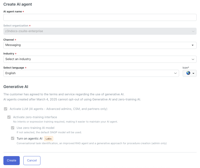 Zendesk's AI agent creation interface, allowing configuration of generative AI settings and agent parameters.